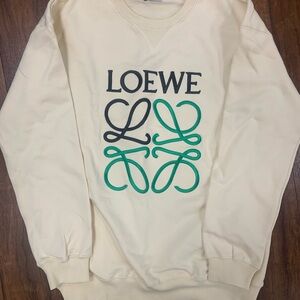 Loewe Cream Crewneck Sweater with Green and Black Logo XL extra large.